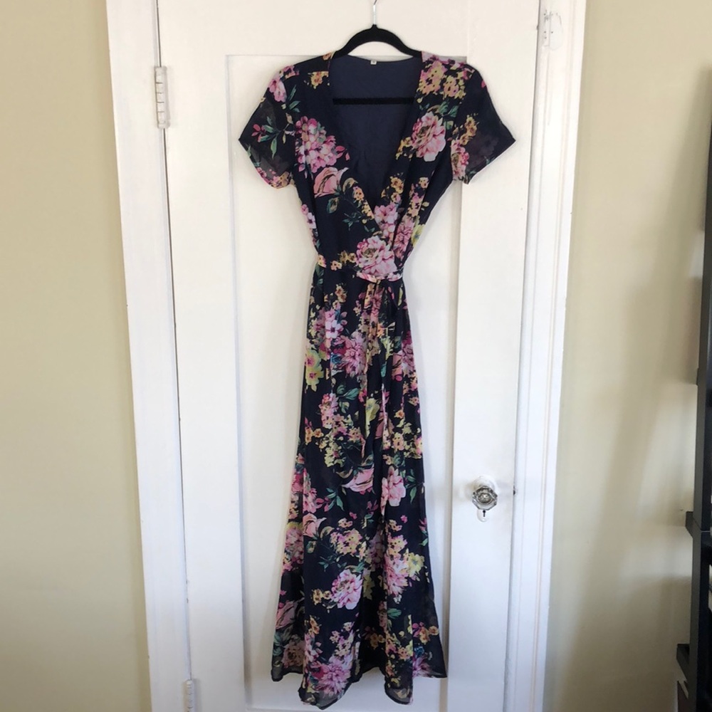 Navy Floral Maxi Wrap Dress - Size M